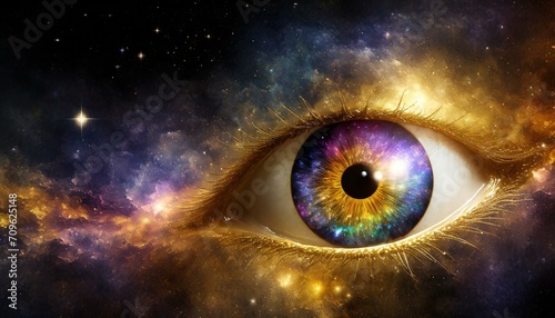 Eye with galaxy in the iris and universe in the background #709625148