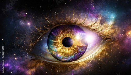Eye with galaxy in the iris and universe in the background photo