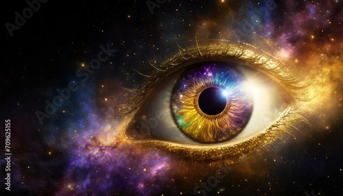 Eye with galaxy in the iris and universe in the background