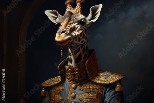  a painting of a giraffe wearing a blue suit and a gold crown and standing in front of a dark background.