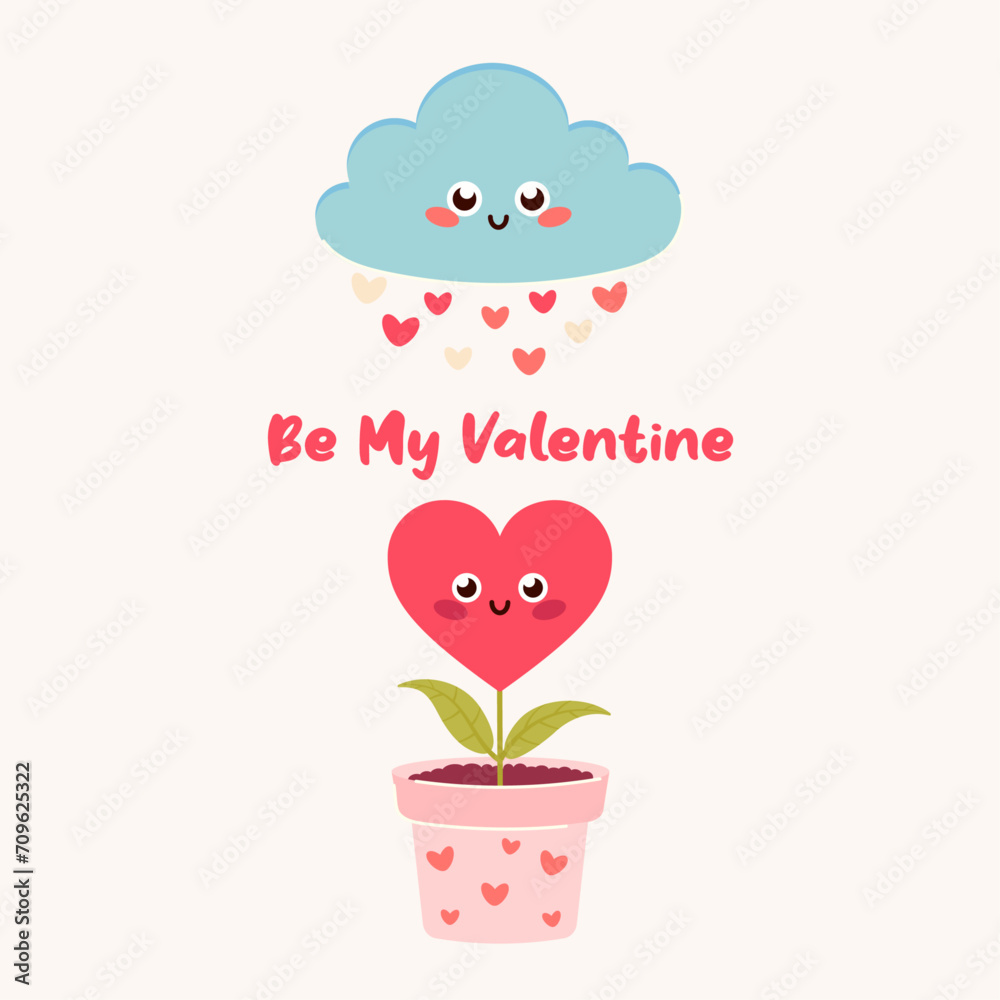 Valentine's day card with cute cloud, rain of hearts and heart in a flower pot. Valentine's Day gift concept. Love day postcards Valentine's day card with cute cloud, rain of hearts and heart in a flower pot. Valentine's Day gift concept. Love day postcards