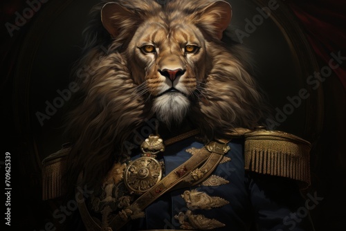  a painting of a lion wearing a blue suit with a gold crown on it s head and a red curtain in the background.