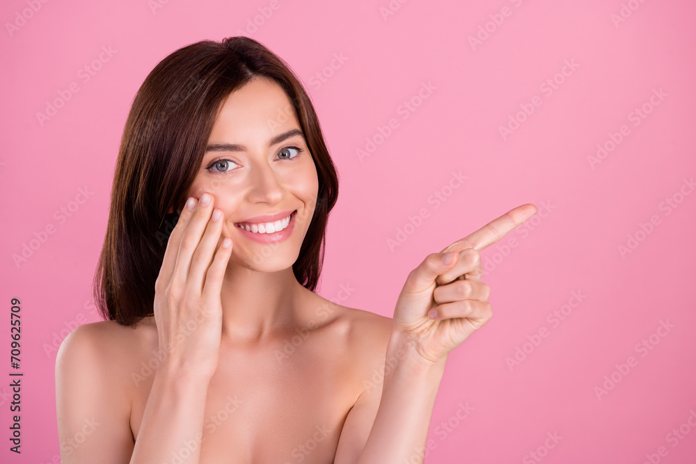 Photo of attractive nice pretty girl touch applying gel promoting moisturizing pampering product isolated pastel background Photo of attractive nice pretty girl touch applying gel promoting moisturizing pampering product isolated pastel background