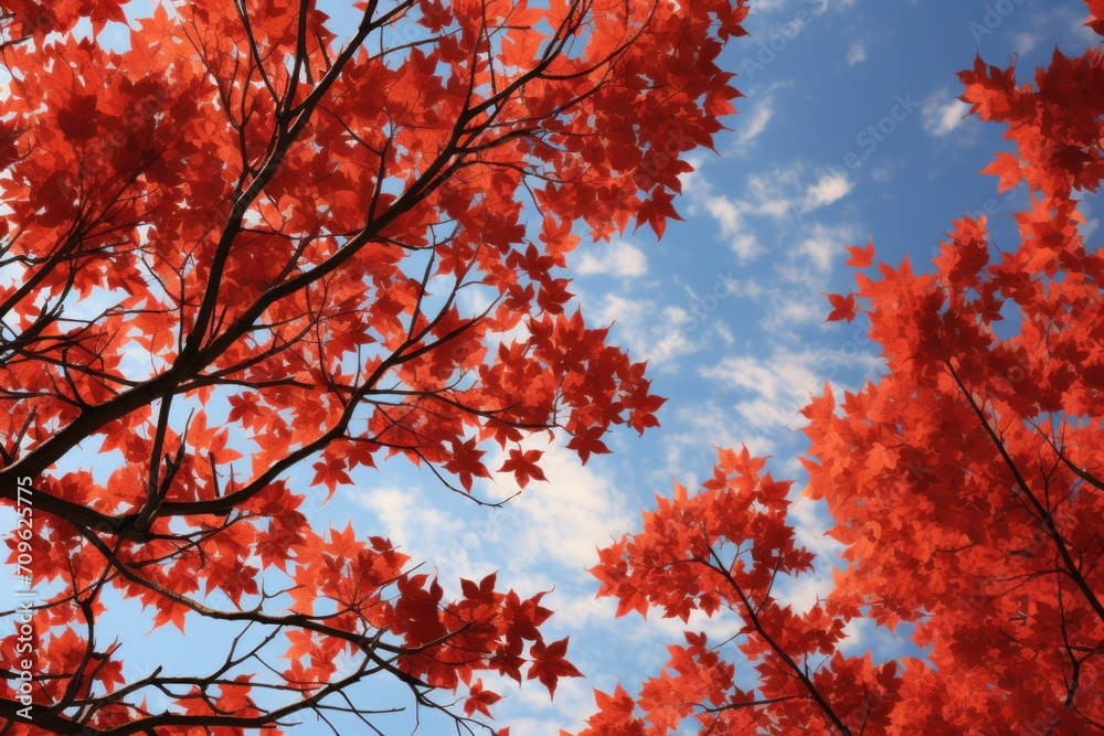  a tree with red leaves in the foreground and a blue sky in the background with white clouds in the background.