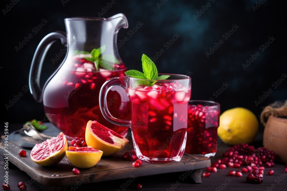 a pitcher of pomegranate sits next to two glasses of pomegranate on a cutting board. a pitcher of pomegranate sits next to two glasses of pomegranate on a cutting board.