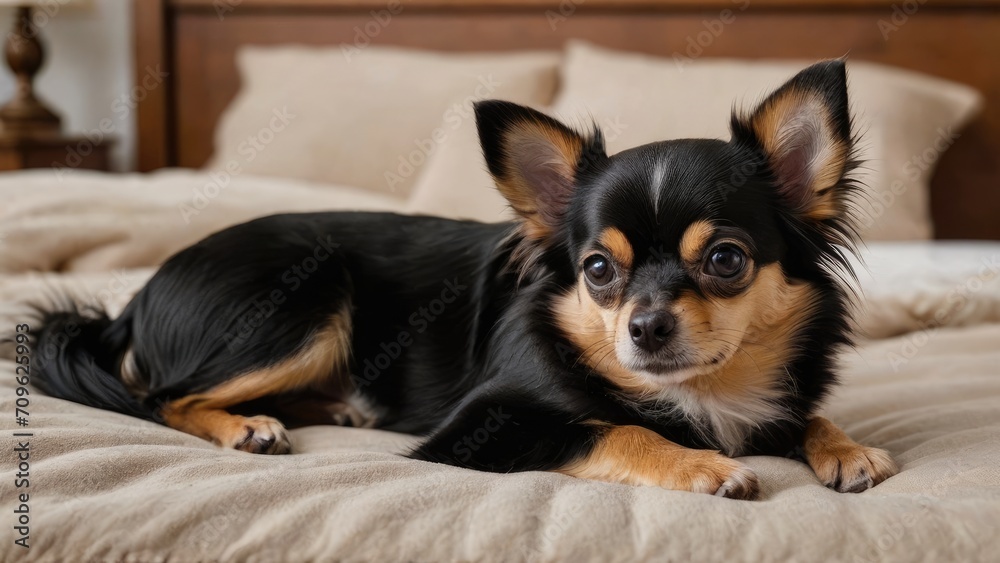 Black and tan long coat chihuahua dog lying on bed in the bedroom