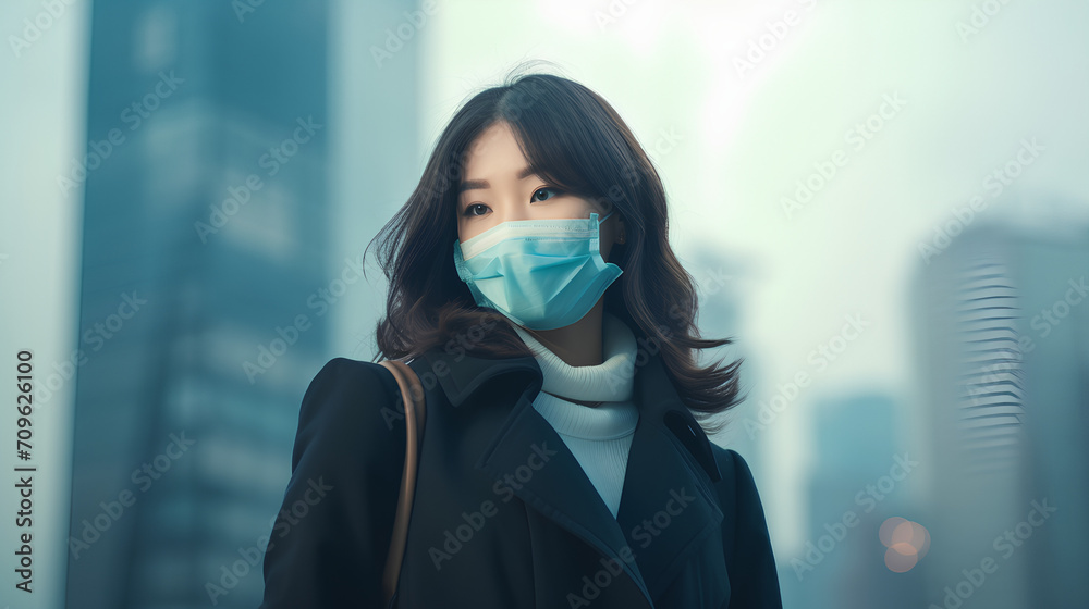 Portrait woman wearing an mask. Young man wearing protection mask over smog city.PM2.5 unhealthy air pollution dust smoke in the urban city, PM 2.5.health care - obrazy, fototapety, plakaty 