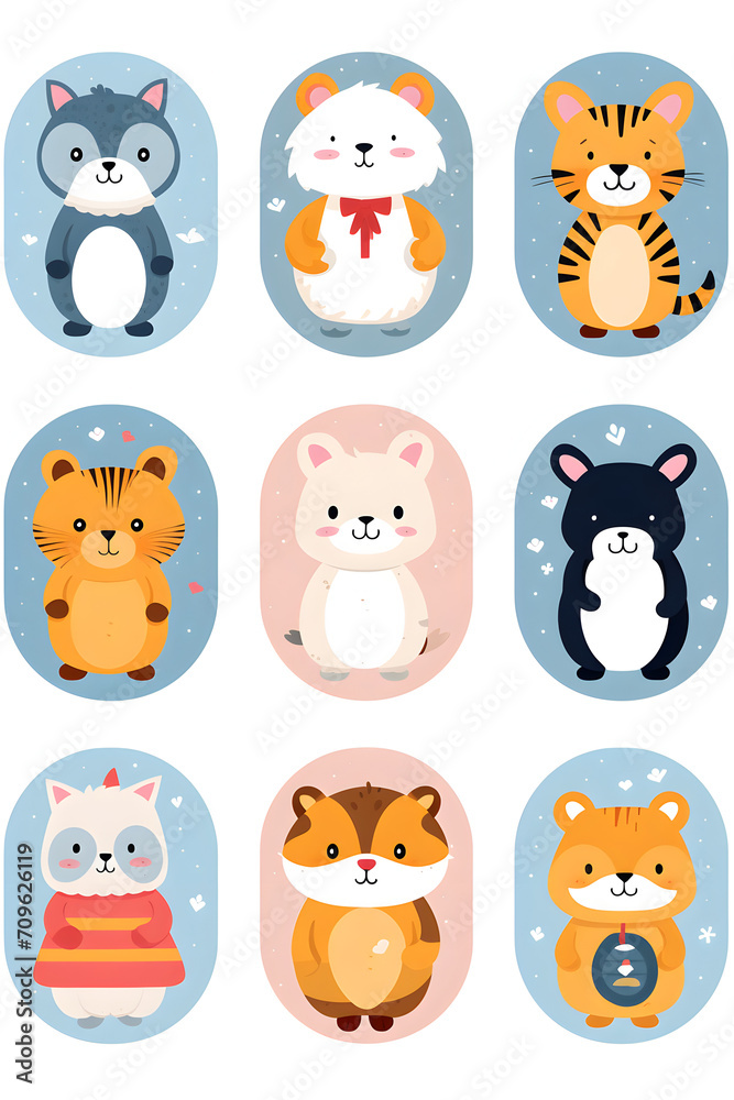Cute Cartoon Animals Collection Stickers for Children and Design, Adorable cartoon animal illustrations, perfect for kids' designs Cute Cartoon Animals Collection Stickers for Children and Design, Adorable cartoon animal illustrations, perfect for kids' designs