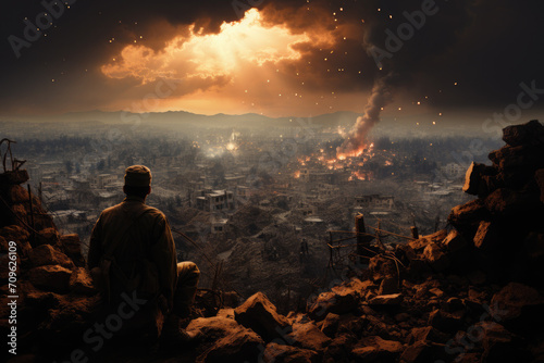 View from the back of a military man from a destroyed building onto a destroyed city, explosions. War in Ukraine, Israel, countries in conflict. Destruction. A crisis. Terrorism photo