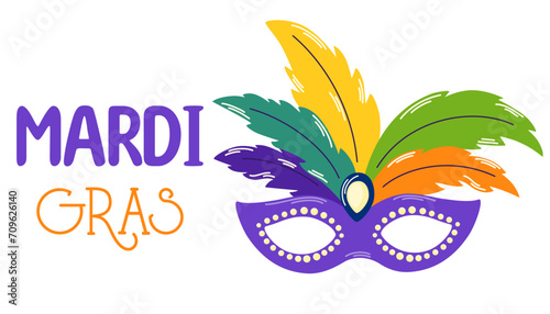 Mardi Gras carnival party Illustration with mask, feather. Vector item festival for web banner or landing page in flat cartoon hand drawn templates
