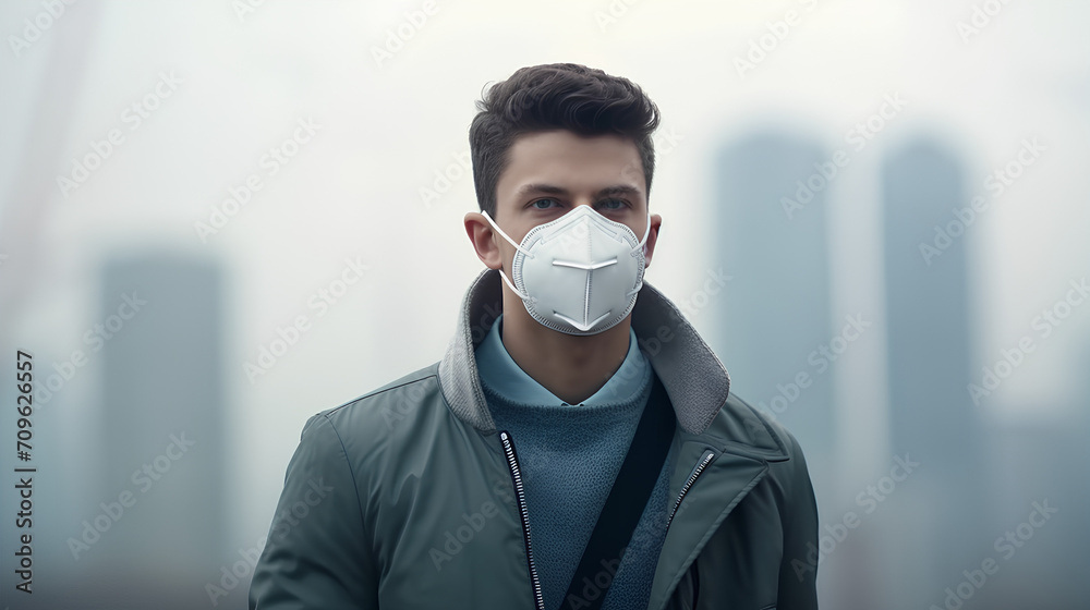 Portrait man wearing an mask. Young man wearing protection mask over smog city.PM2.5 unhealthy air pollution dust smoke in the urban city, PM 2.5.health care Portrait man wearing an mask. Young man wearing protection mask over smog city.PM2.5 unhealthy air pollution dust smoke in the urban city, PM 2.5.health care
