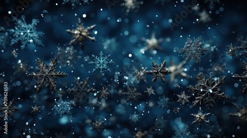  a group of snowflakes floating in the air on a dark blue background with snow flakes on it.