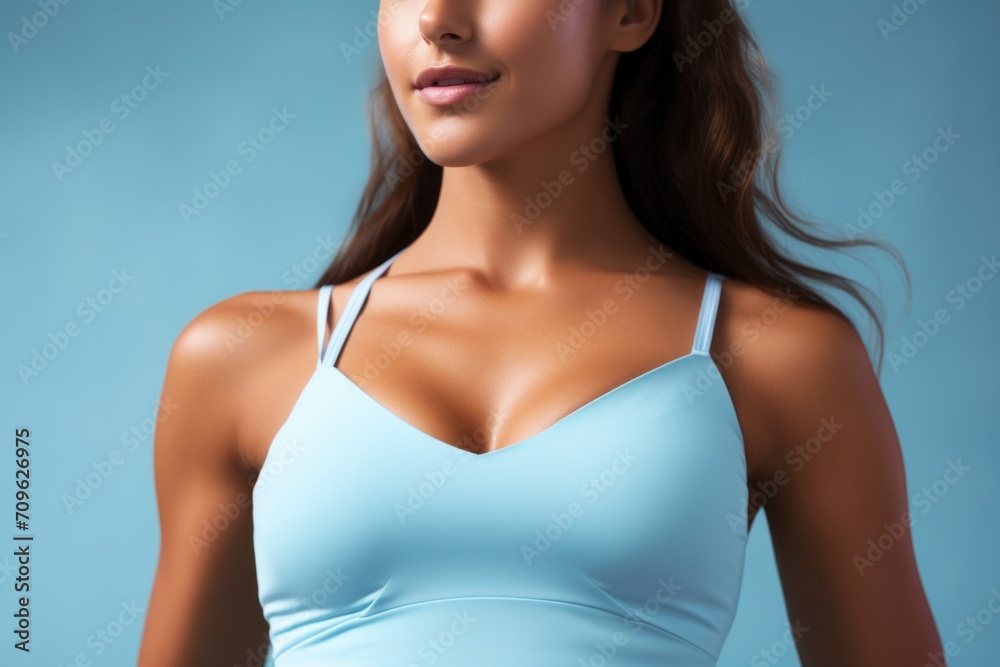 Cropped image of a toned female torso in a sports bra and leggings highlighting the active wearing fashion on a blue background. Cropped image of a toned female torso in a sports bra and leggings highlighting the active wearing fashion on a blue background.