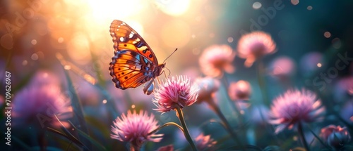Morning light Beautiful butterflies gracefully float on The blooming onion flowers are beautiful, amidst lush green nature, under a bright sunlit sky