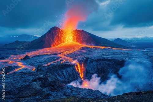 An active volcano dramatically erupts, spewing molten lava and ash under a twilight sky, casting a fiery glow over the surrounding mountains.