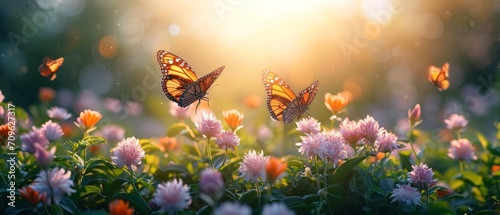 Morning light Beautiful butterflies gracefully float on The blooming onion flowers are beautiful, amidst lush green nature, under a bright sunlit sky © ND STOCK