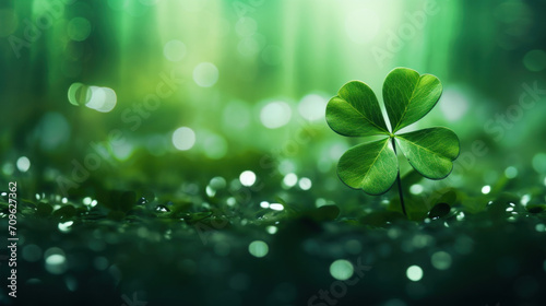 A single four-leaf clover stands out with vibrant green leaves on a dew-covered field under a soft bokeh light.