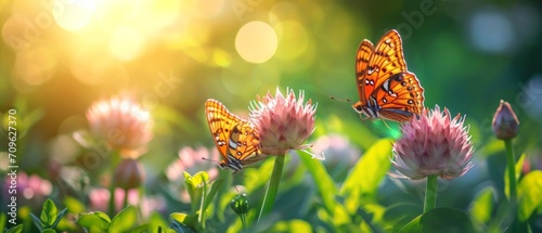 Morning light Beautiful butterflies gracefully float on The blooming onion flowers are beautiful, amidst lush green nature, under a bright sunlit sky © ND STOCK