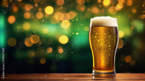 A full pint of amber beer with rising bubbles and a creamy head, showcased against a backdrop of festive bokeh lights.