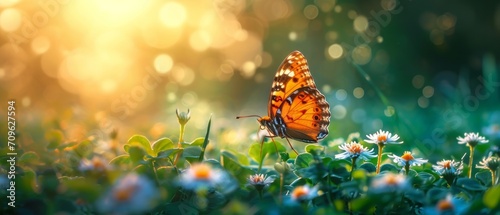 Morning light Beautiful butterflies gracefully float on The blooming onion flowers are beautiful, amidst lush green nature, under a bright sunlit sky