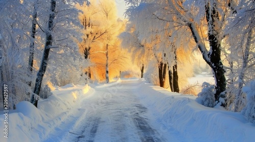 Snow-covered country road at sunset on a winter day. Winter background, nature wallpaper. © photolas