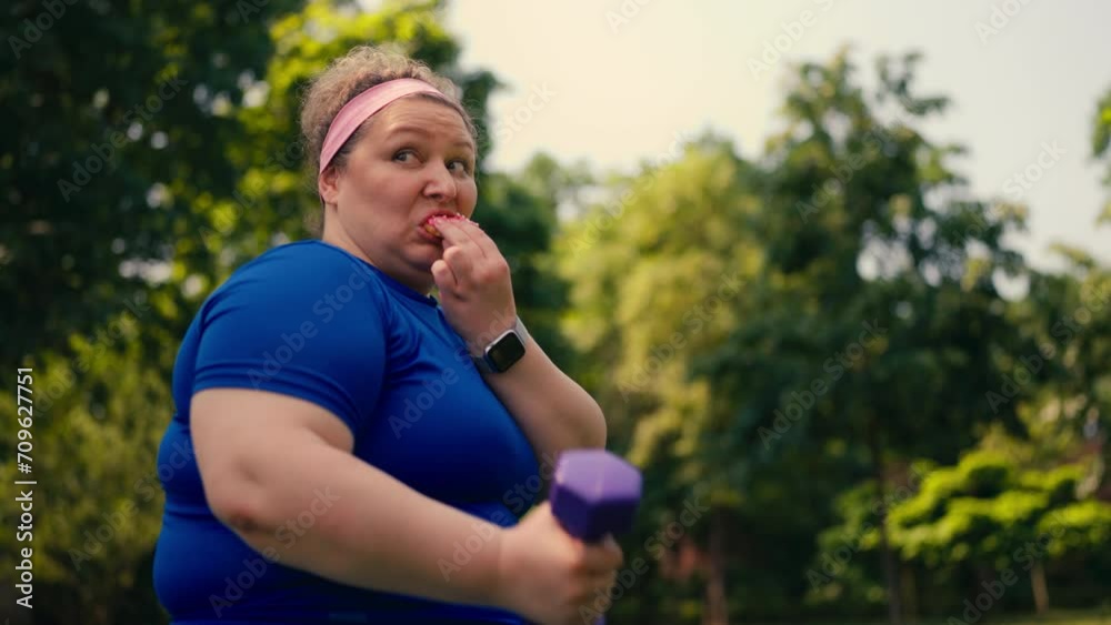 Funny overweight woman secretly eating donut, dumbbell in hand, food addiction Funny overweight woman secretly eating donut, dumbbell in hand, food addiction