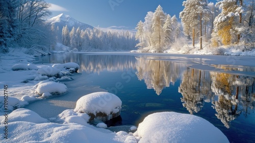 Lake in the winter forest on a bright sunny day. Winter background, nature wallpaper.
