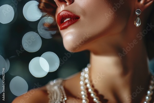 A woman wearing a pearl necklace and earrings. This elegant accessory can be used to enhance any formal or classy look