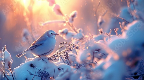 A small bird on a snow-covered branch in the woods in the pink sunset light. Winter background, nature wallpaper. © photolas