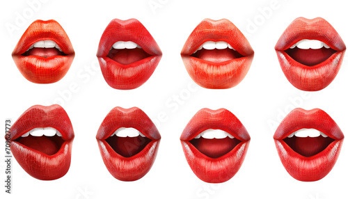 set Mouth Icon. female lips with red lipstick isolated . White teeth, tongue of beautiful young women. Seductive lady mouth open, red lips.