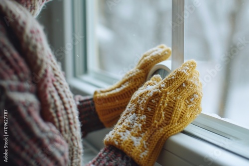 A person wearing mittens looking out of a window. This image can be used to depict winter, cold weather, cozy moments, or contemplation