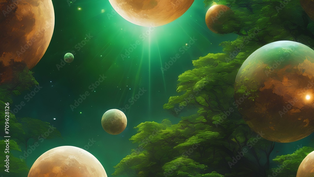 Landscape of planets and stars floating in space with a green fictional ...