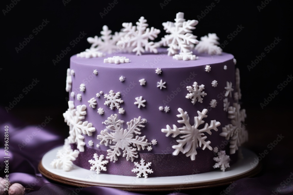  a purple and white frosted cake with snowflakes on the frosting on the top of the cake.