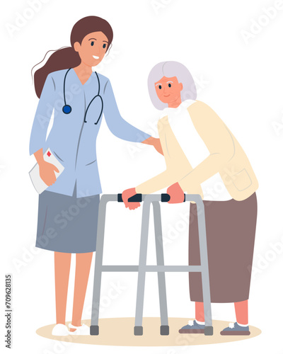 A nurse helps a grandmother with a walker. An old infirm woman with a walker and a doctor. Flat vector.