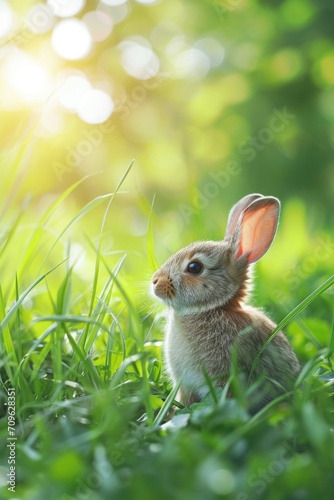 A small rabbit sitting in the grass. Suitable for nature-themed designs or illustrations