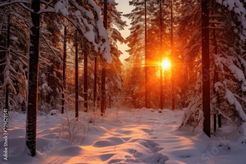  the sun is setting in the middle of a snowy forest with snow on the ground and trees in the foreground.