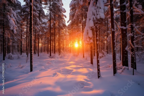  the sun is setting in the middle of a snowy forest with snow on the ground and trees in the foreground.