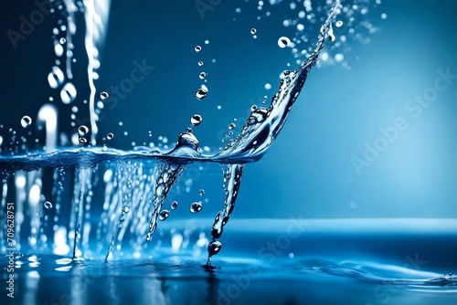 Blue water falling like splash close up macro side view