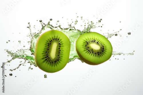  a couple of kiwis cut in half with water splashing on the side of the whole kiwi.