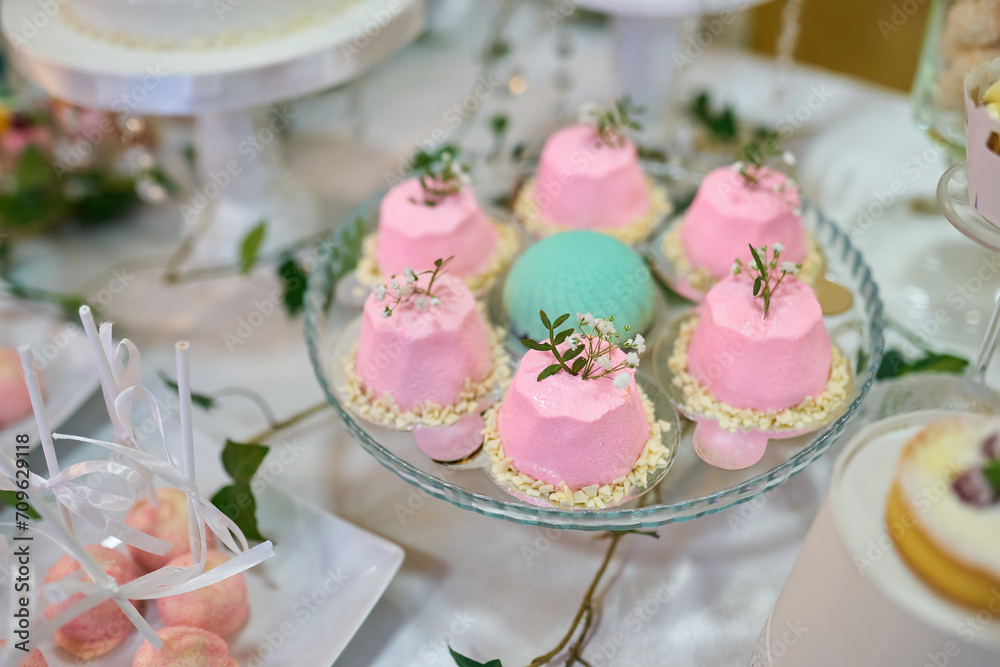A variety of delicious desserts, cakes with cream, berries, whipped cream, marshmallows, festive decor, sweet bar, a treat. catering food. tasty dessert. Wedding banquet table.