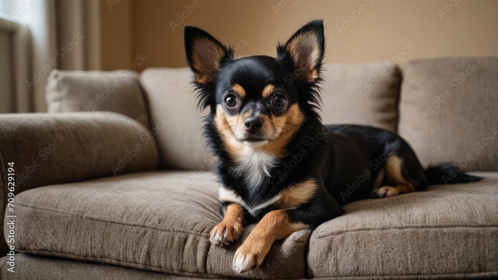 Black and tan long coat chihuahua dog lying on sofa at home