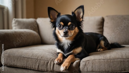 Black and tan long coat chihuahua dog lying on sofa at home
