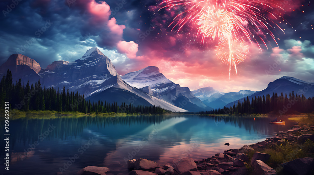 Imagine a Canadian mountain landscape adorned with fireworks, combining the beauty of nature with the excitement of Canada Day celebrations in 2024