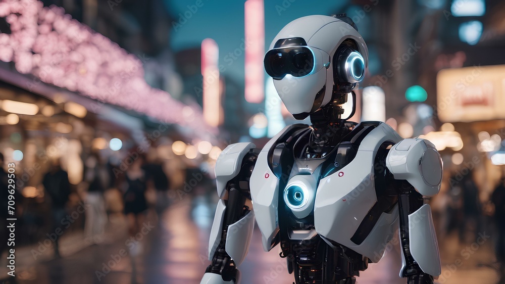 Humanoid technological robot with a modern design in a city. Representing new technologies and modern world of knowledge. AI Generated