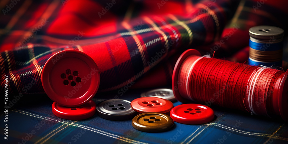 Checkered red fabric and accessories for sewing. Items for sewing close-up. Fabric, spool of thread, needle and buttons are needed for sewing.
 - obrazy, fototapety, plakaty 