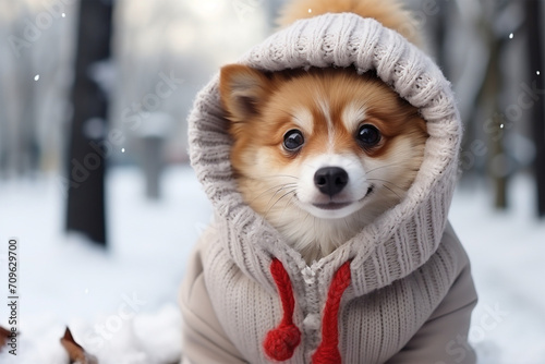 a dog wearing thick clothes in the snow photo