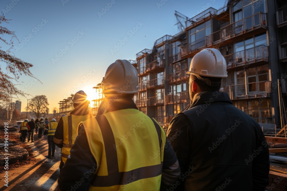 Successful construction team at a building site, ensuring the project is completed on time and on budget, Generative AI - obrazy, fototapety, plakaty 