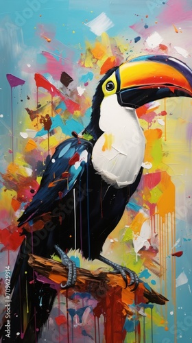  a painting of a toucan bird sitting on a branch with paint splatters all over the background.
