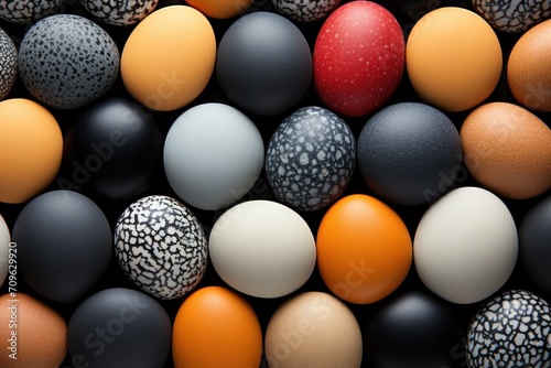  a group of different colored eggs sitting next to each other on top of a pile of black  orange  and white eggs.