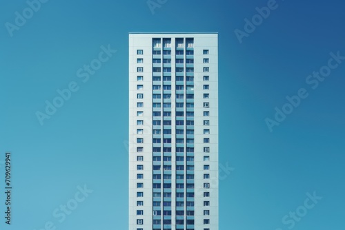  a tall white building sitting on the side of a road next to a tall building with a clock on it's side.